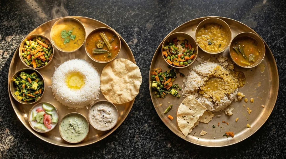 Mindful eating vs distracted eating — split scene