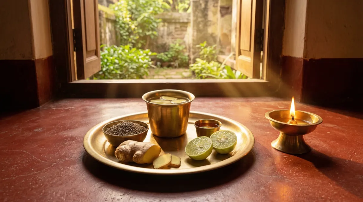 Person practicing deep breathing in courtyard