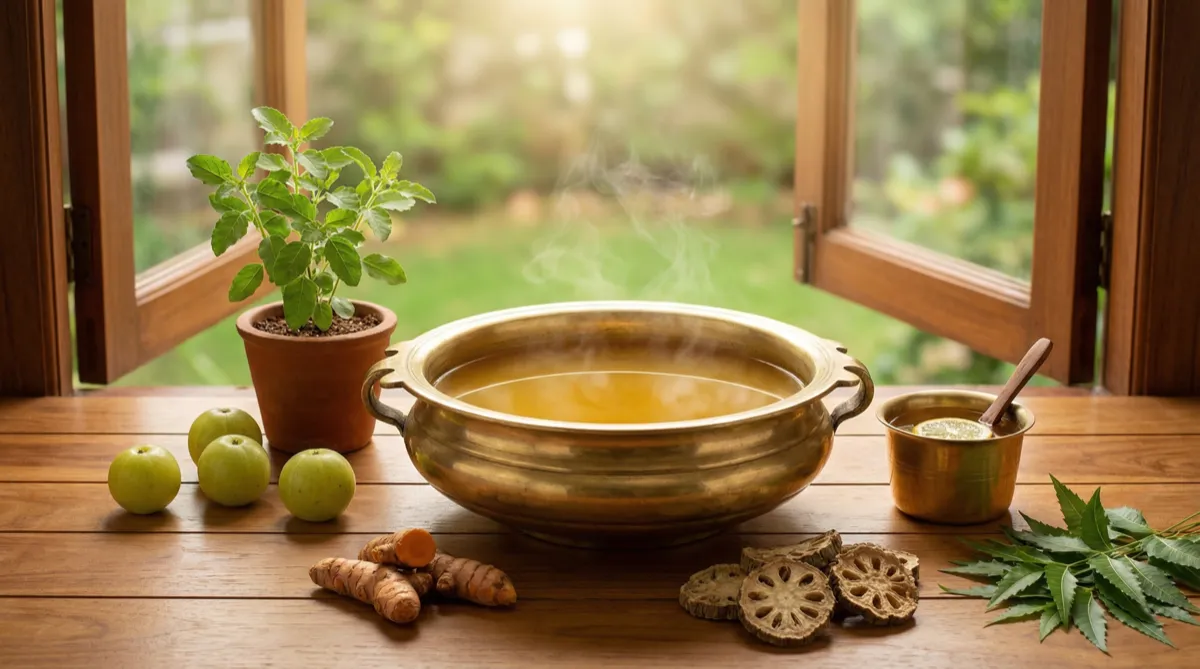 Person standing calmly in pollen-filled spring meadow