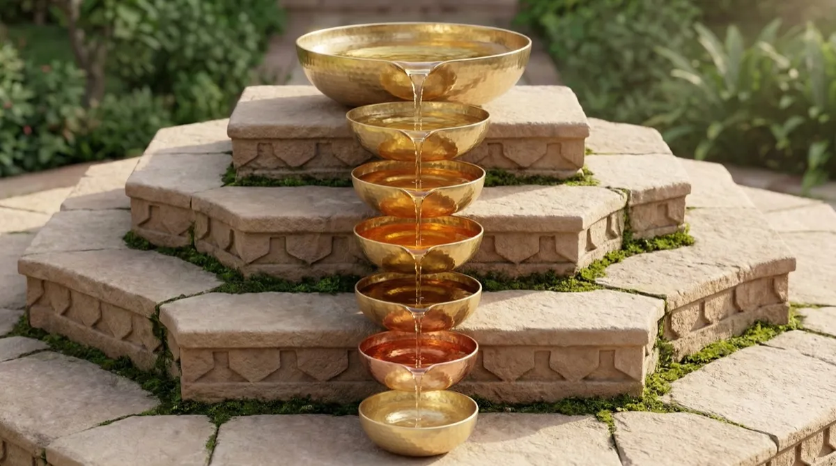 Seven dhatus as golden bowls in cascading fountain