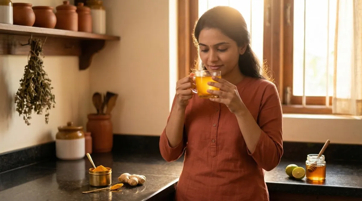 Person drinking turmeric water in warm kitchen