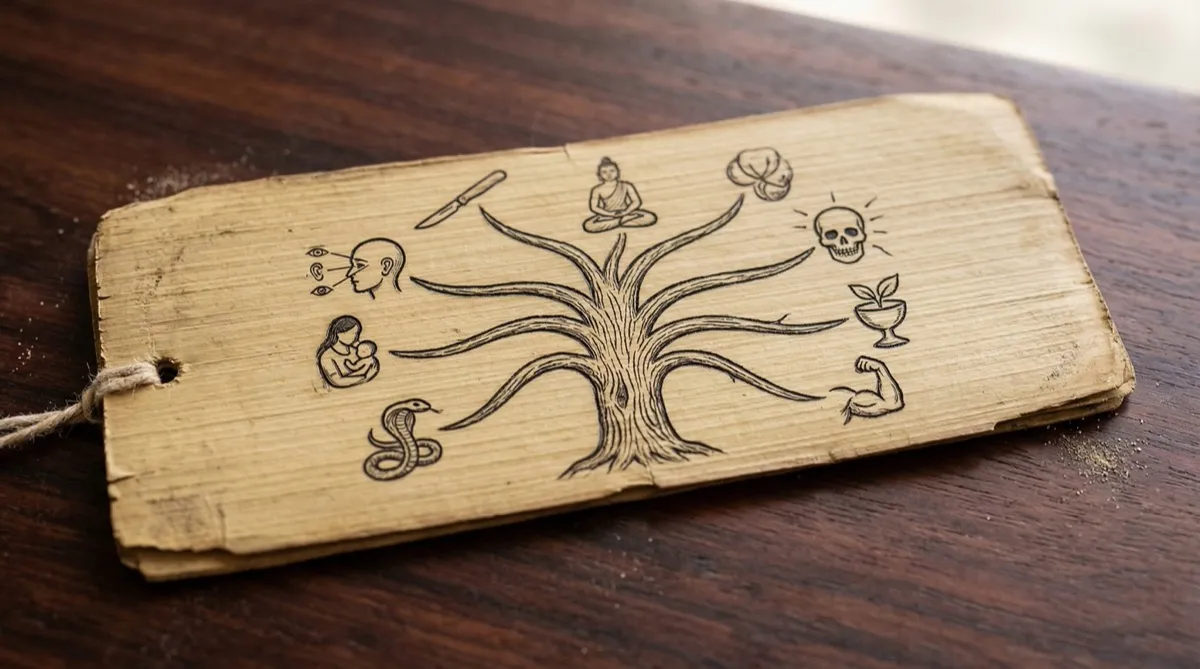 Ancient manuscript page with eight branches of Ayurveda