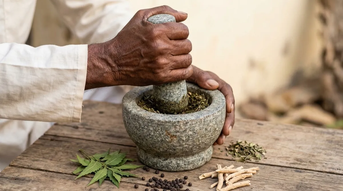 Elder practitioner grinding herbs with stone mortar