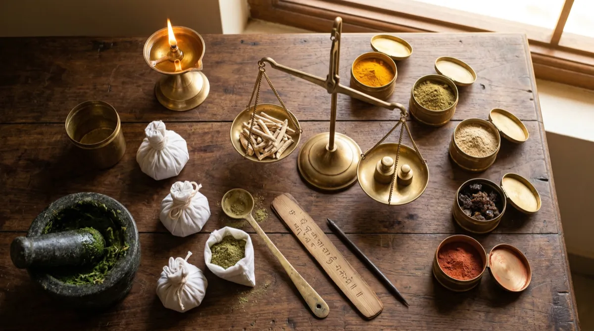 Personalized Ayurvedic formulation preparation on dispensary table