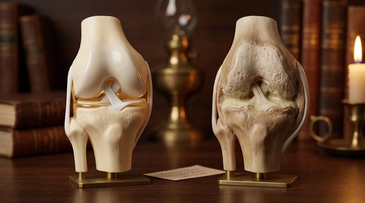 Joint cross-section showing healthy fluid vs Ama buildup
