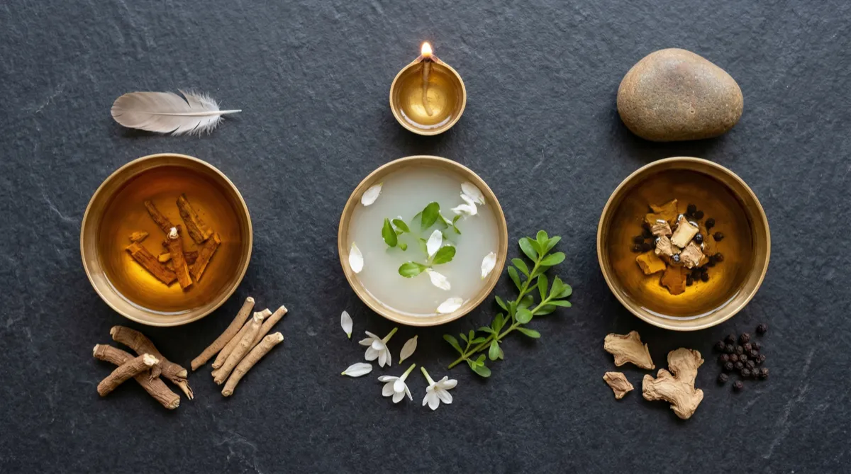 Three hands showing different pain qualities — Vata, Pitta, Kapha