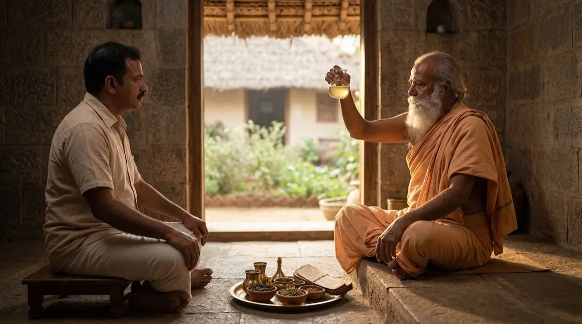 Ancient physician examining patient with diagnostic vessel