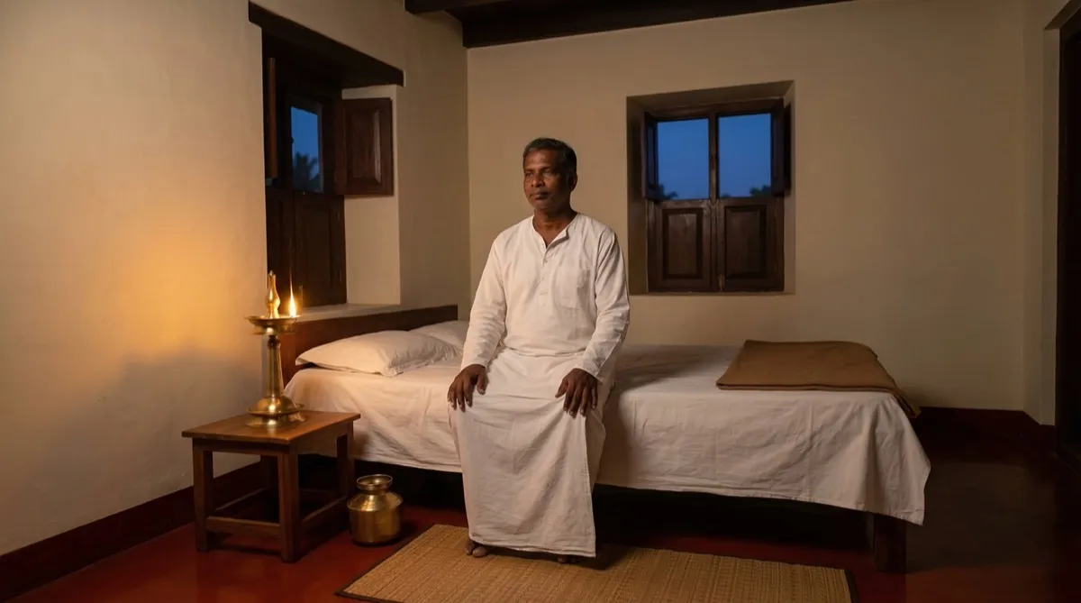 Pre-dawn Brahma Muhurta — person waking with oil lamp