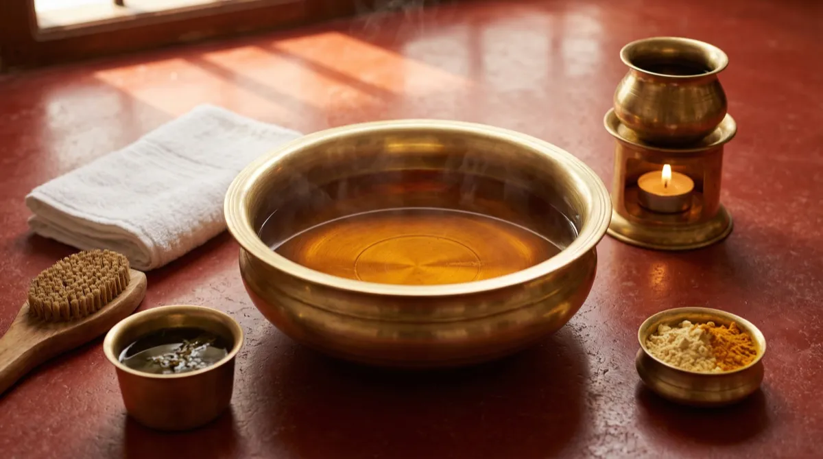 Copper tongue scraper morning routine close-up