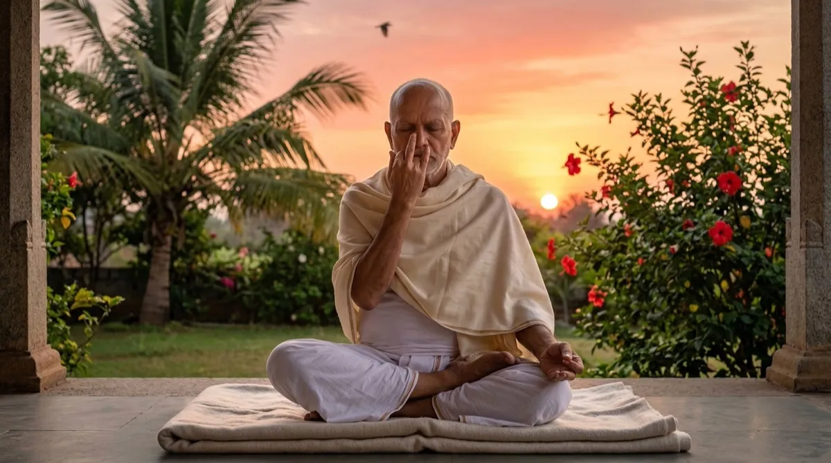 Elderly man practicing Pranayama on veranda at sunrise
