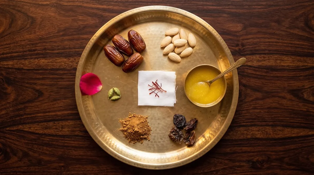 Brass plate with Rasayana rejuvenation foods