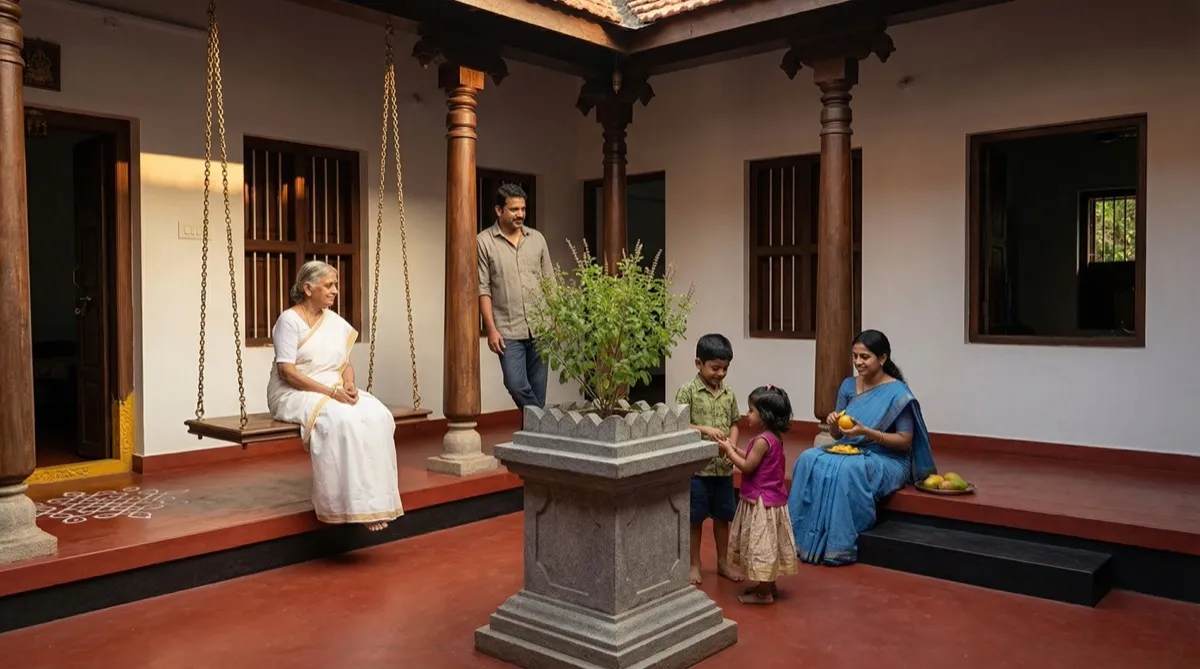 Multigenerational family gathered in traditional courtyard