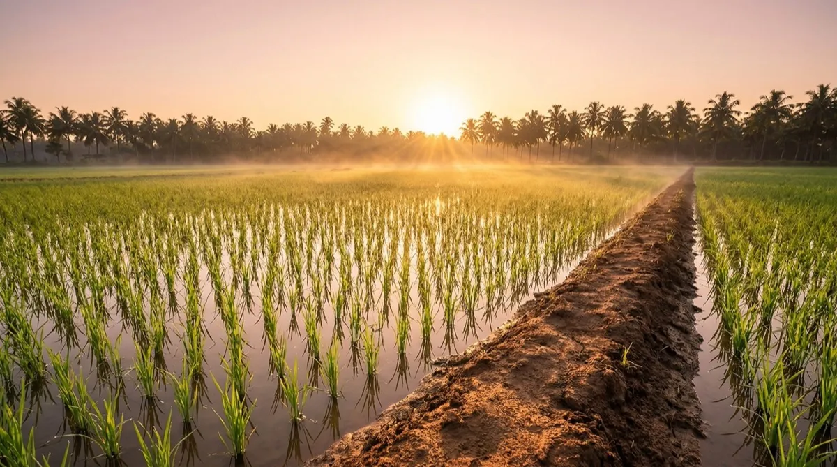Fertile field at sunrise with morning mist