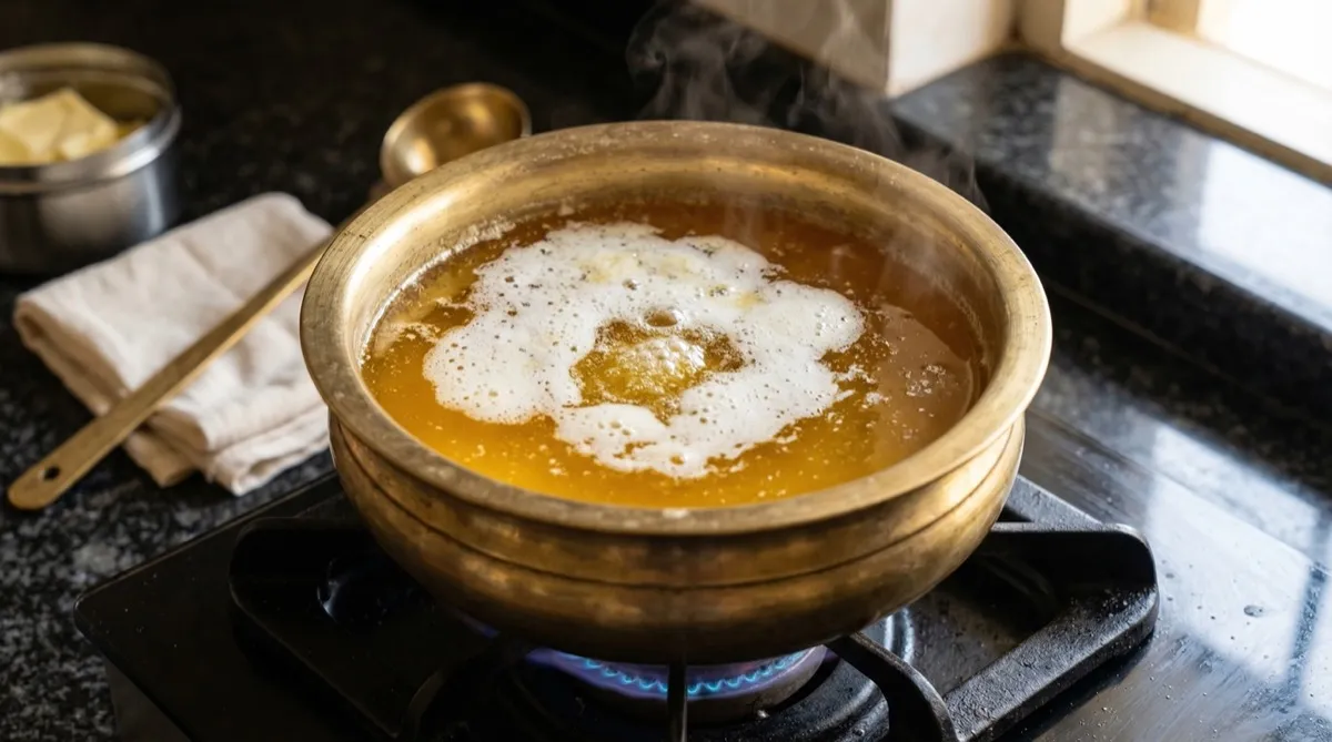 Golden ghee being clarified in a brass vessel