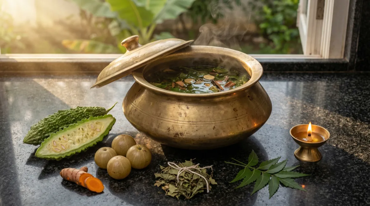 Liver support — brass vessel with bitter gourd, amla, and detox herbs