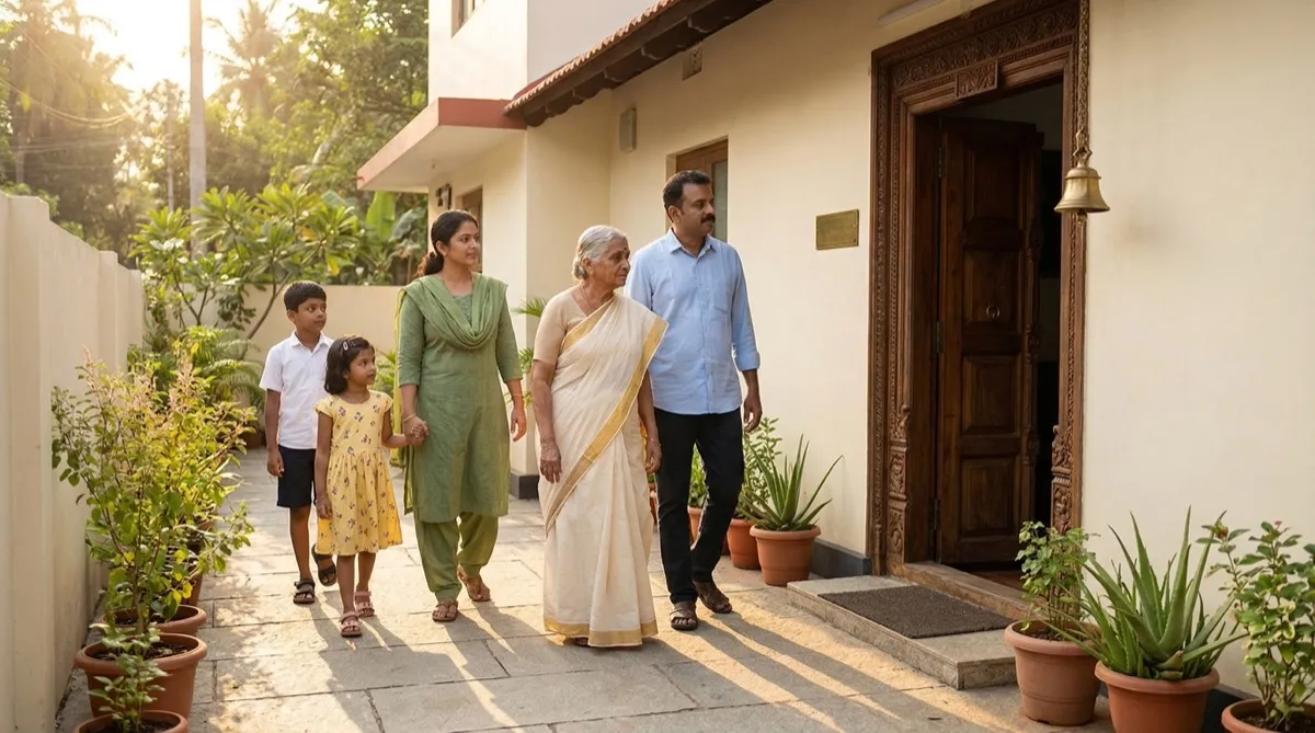 Multi-generational Indian family walking toward clinic entrance