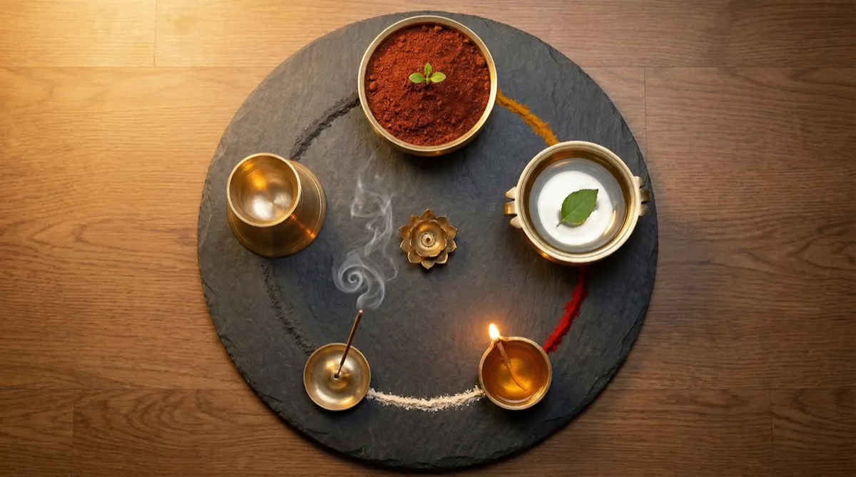 Panchamahabhuta — five elements in brass vessels on circular slate