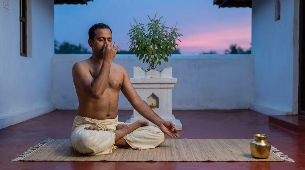 Pranayama breathing practice in courtyard at dawn