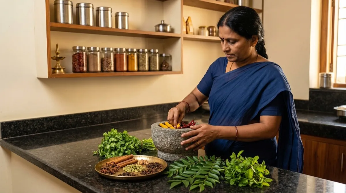 Traditional South Indian kitchen with seasonal spice preparation