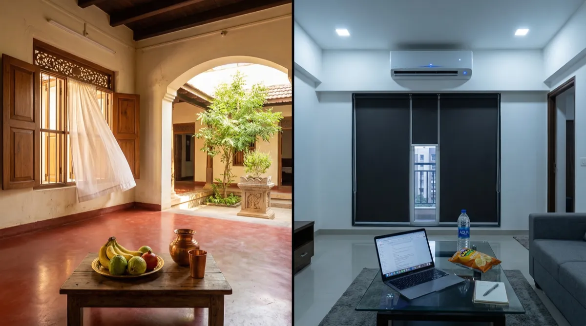 Traditional Indian home vs modern apartment — seasonal living comparison