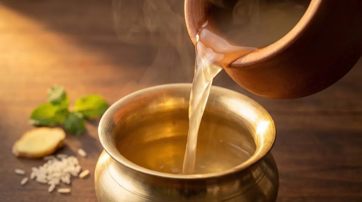 Rasa dhatu — liquid being poured into brass vessel