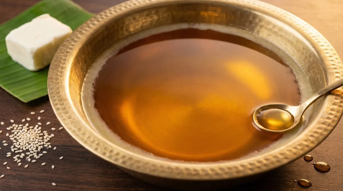 Meda dhatu — golden ghee in brass bowl