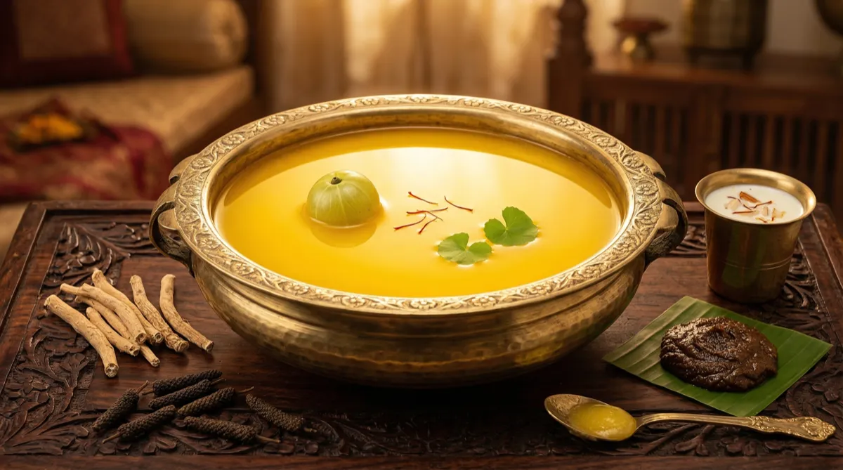 Ojas and Rasayana — ornate brass urli of golden ghee with rejuvenation ingredients