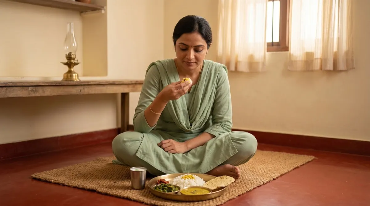 Mindful eating — single person focused on thali