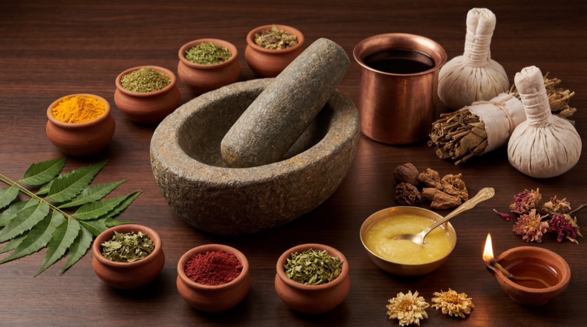 Traditional Ayurvedic items arranged on a wooden surface — stone mortar and pestle, clay pots with coloured herbal powders, neem leaves, ghee, and an oil lamp